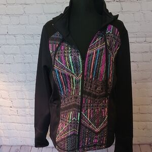Womens FILA Size XL Black Colorful Design Front Full Zip Hooded Jacket